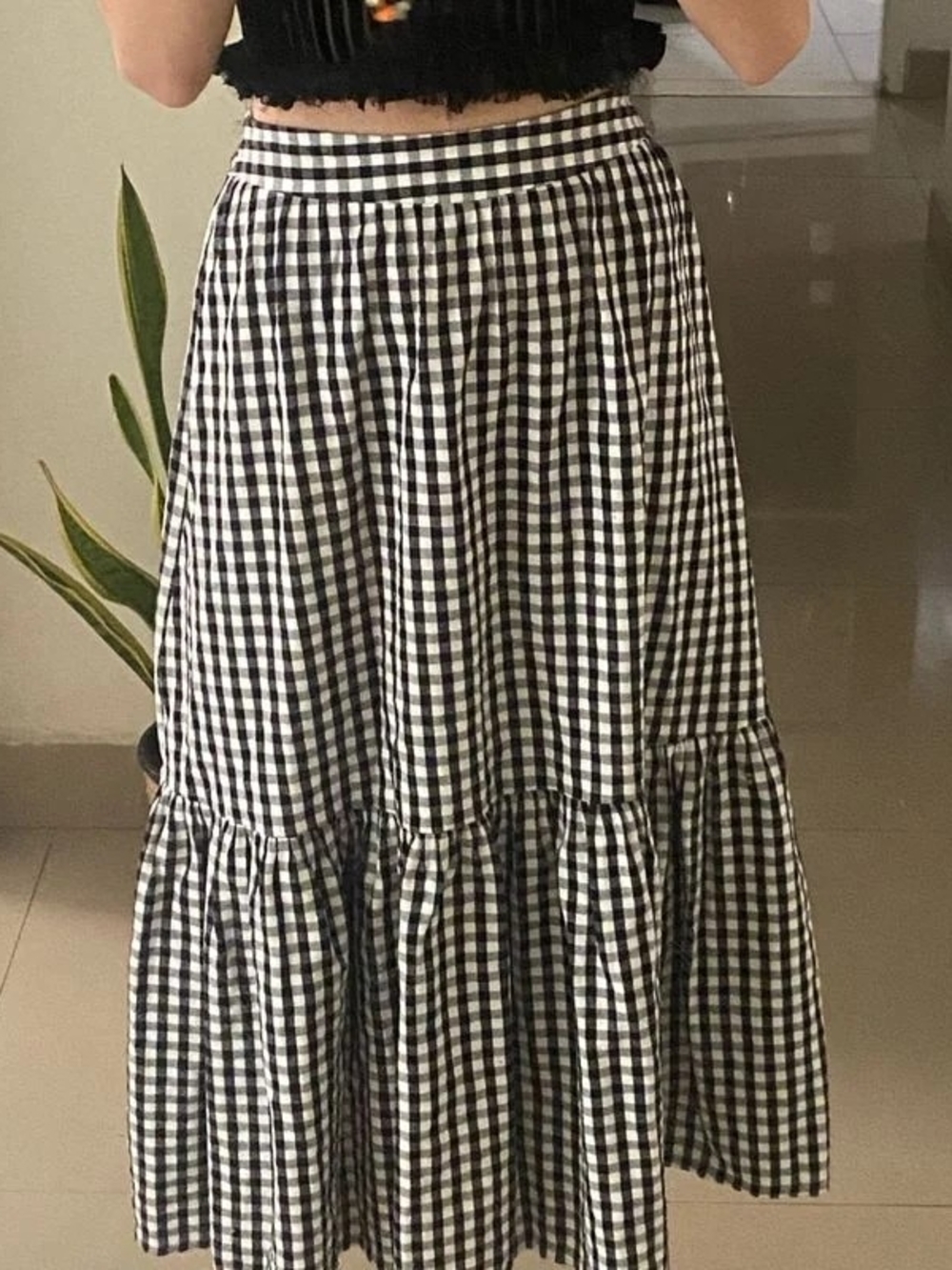 Black & Cream Gingham Tiered Maxi Skirt
